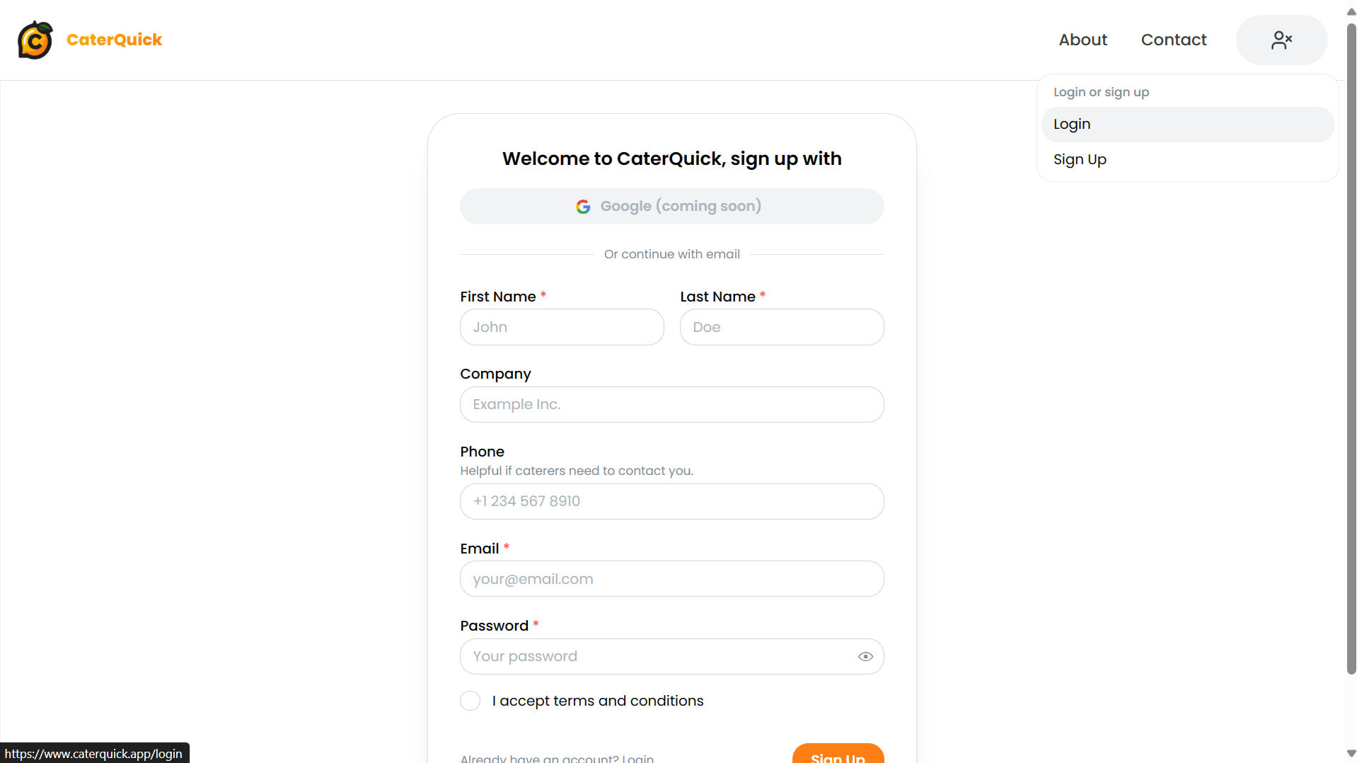 CaterQuick Signup